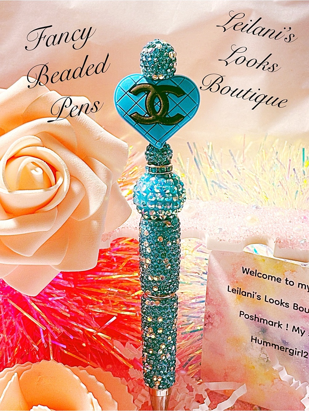 Fancy beaded Pen/gifts/blue heart/blue beads/